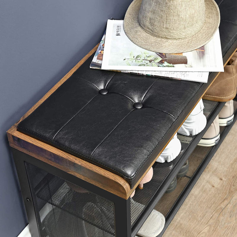 Shoe Bench with Mesh Shelf and Faux Leather Vintage Brown Black 80 x 30 x 48 cm Payday Deals