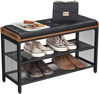 Shoe Bench with Mesh Shelf and Faux Leather Vintage Brown Black 80 x 30 x 48 cm Payday Deals