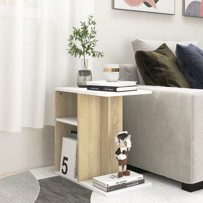 Side Table White and Sonoma Oak 50x30x50 cm Chipboard Payday Deals
