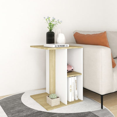 Side Table White and Sonoma Oak 60x40x45 cm Chipboard Payday Deals