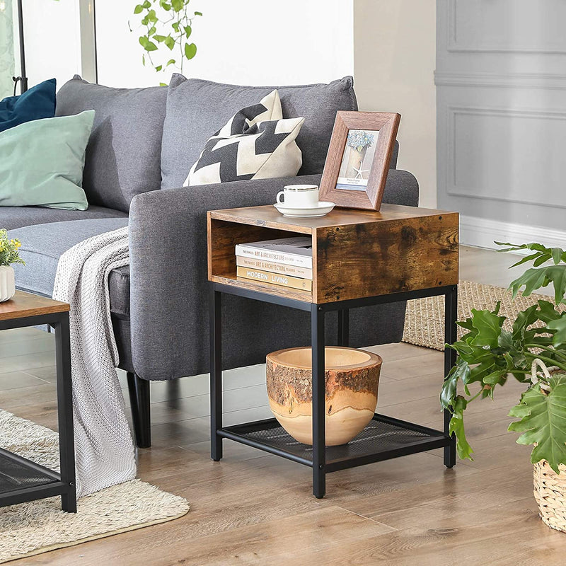 Side Table with Open Compartment and Mesh Shelf Rustic Brown and Black Payday Deals