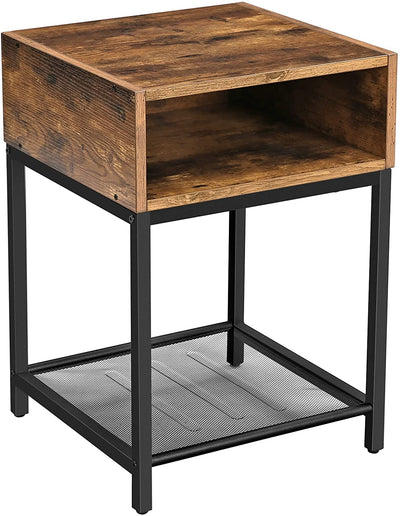 Side Table with Open Compartment and Mesh Shelf, Rustic Brown and Black