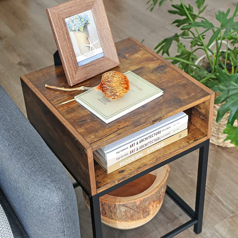 Side Table with Open Compartment and Mesh Shelf, Rustic Brown and Black Payday Deals