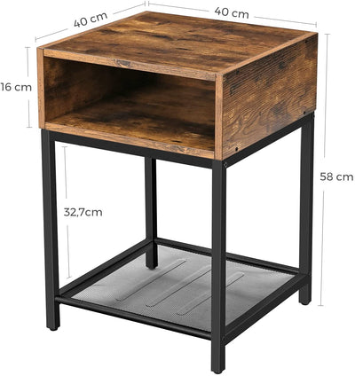 Side Table with Open Compartment and Mesh Shelf, Rustic Brown and Black Payday Deals