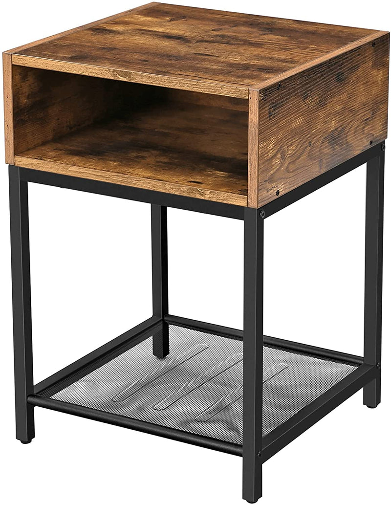 Side Table with Open Compartment and Mesh Shelf, Rustic Brown and Black Payday Deals