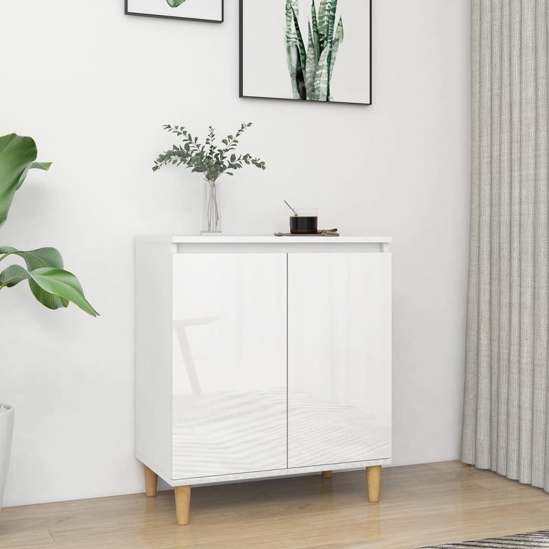 Sideboard&Solid Wood Legs High Gloss White 60x35x70cm Chipboard Payday Deals