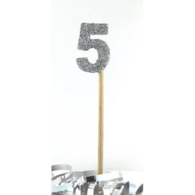 Silver Glitter Party Supplies - Number 5 Silver Glitter Candle 4cm on stick