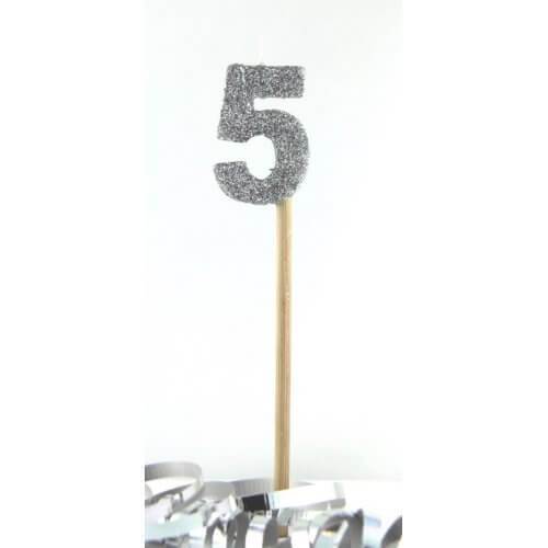 Silver Glitter Party Supplies - Number 5 Silver Glitter Candle 4cm on stick Payday Deals
