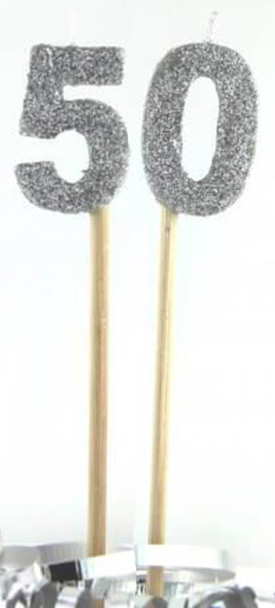 Silver Glitter Party Supplies - Number 50 Silver Glitter Candles 4cm on sticks