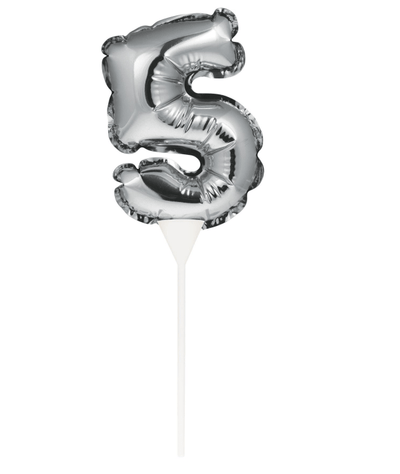 Silver Self-Inflating Number 5 Balloon Cake Topper