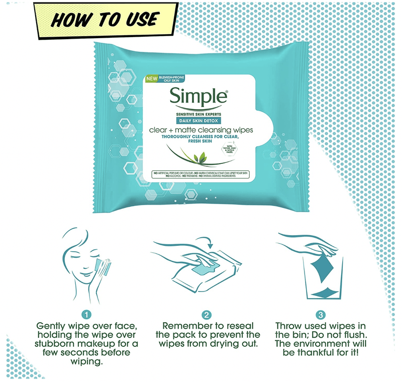 Simple Daily Skin Detox Clear + Matte Cleansing Wipes - 1 Pack of 25 Wipes Payday Deals