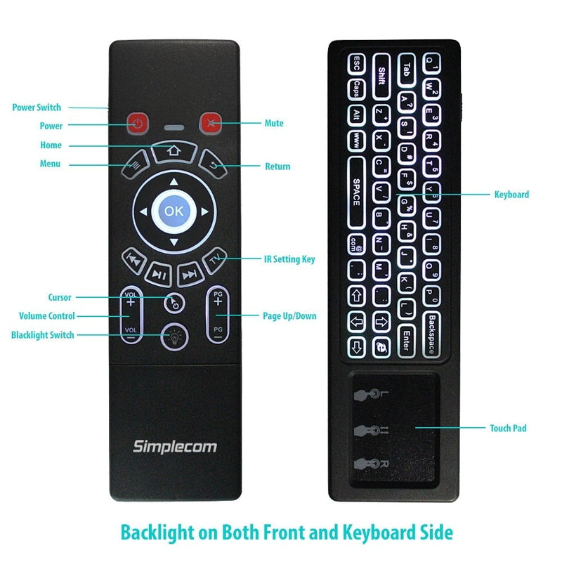 Simplecom RT250 Rechargeable 2.4GHz Wireless Remote Air Mouse Keyboard with Touch Pad and Backlight Payday Deals