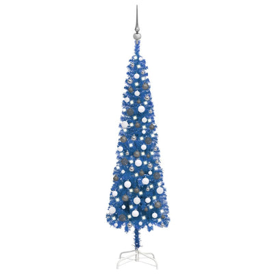 Slim Christmas Tree with LEDs&Ball Set Blue 180 cm