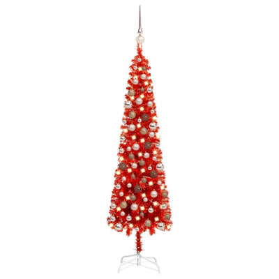 Slim Christmas Tree with LEDs&Ball Set Red 120 cm