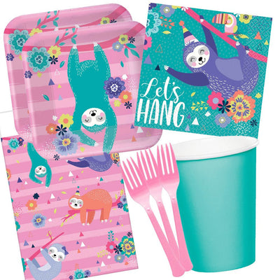 Sloth Party 16 Guest Let's Hang Birthday Deluxe Tableware Party Pack