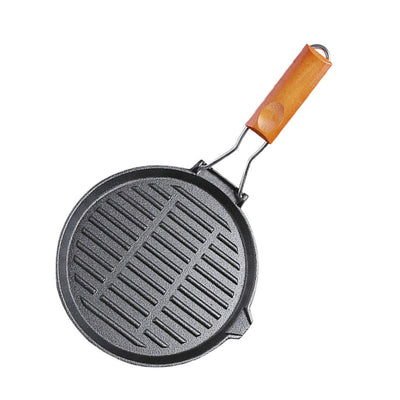 SOGA 24cm Round Ribbed Cast Iron Steak Frying Grill Skillet Pan with Folding Wooden Handle Payday Deals