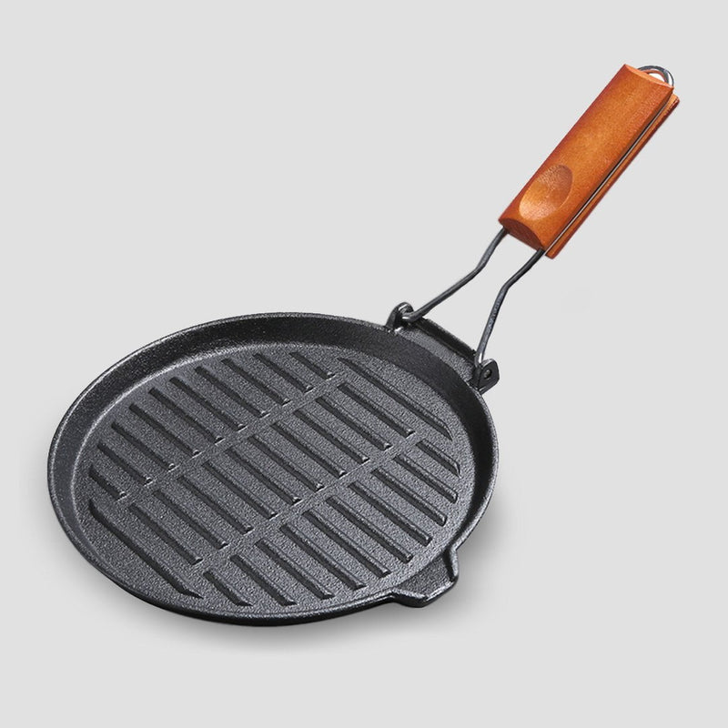 SOGA 24cm Round Ribbed Cast Iron Steak Frying Grill Skillet Pan with Folding Wooden Handle Payday Deals