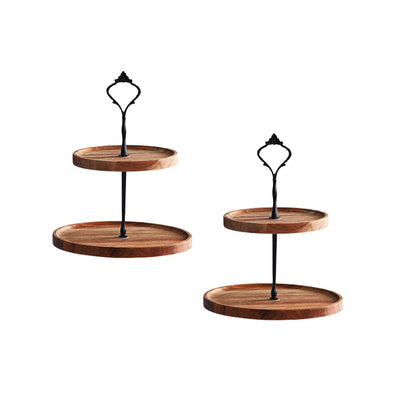 SOGA 2X 15cm 2 Tier  Brown Round Wooden Acacia Dessert Tray Cake Snacks Cupcake Stand Buffet Serving Countertop Decor Payday Deals