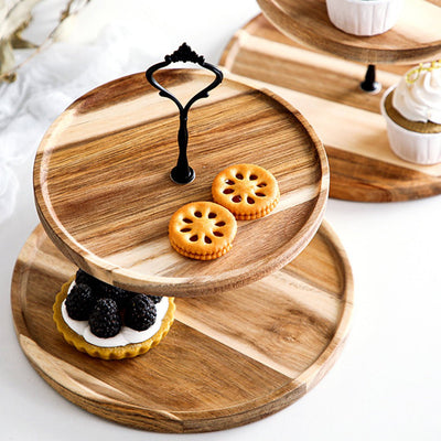 SOGA 2X 20cm 2 Tier Brown  Round Wooden Acacia  Dessert Tray Cake Snacks Cupcake Stand Buffet Serving Countertop Decor Payday Deals