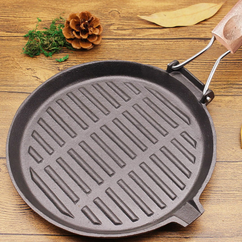 SOGA 2X 24cm Round Ribbed Cast Iron Steak Frying Grill Skillet Pan with Folding Wooden Handle Payday Deals
