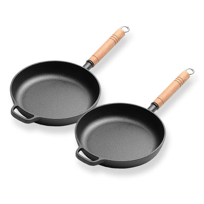 SOGA 2X 25cm Round Cast Iron Frying Pan Skillet Steak Sizzle Platter with Helper Handle Payday Deals