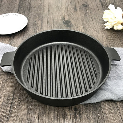 SOGA 2X 25cm Round Ribbed Cast Iron Frying Pan Skillet Steak Sizzle Platter with Handle Payday Deals