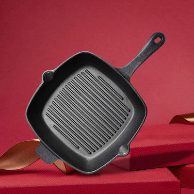 SOGA 2X 26cm Square Ribbed Cast Iron Frying Pan Skillet Steak Sizzle Platter with Handle Payday Deals