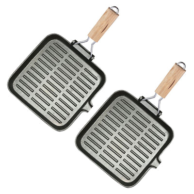 SOGA 2X 28cm Ribbed Cast Iron Square Steak Frying Grill Skillet Pan with Folding Wooden Handle Payday Deals