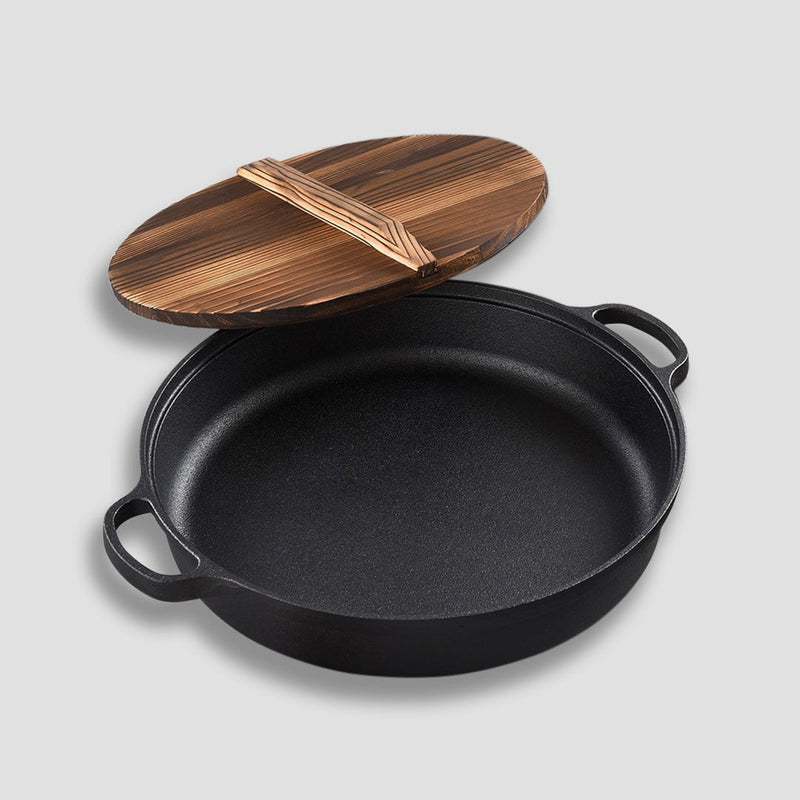 SOGA 2X 29cm Round Cast Iron Pre-seasoned Deep Baking Pizza Frying Pan Skillet with Wooden Lid Payday Deals