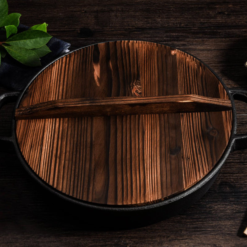 SOGA 2X 29cm Round Cast Iron Pre-seasoned Deep Baking Pizza Frying Pan Skillet with Wooden Lid Payday Deals