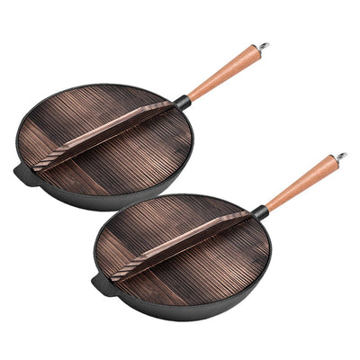 SOGA 2X 31cm Commercial Cast Iron Wok FryPan Fry Pan with Wooden Lid Payday Deals