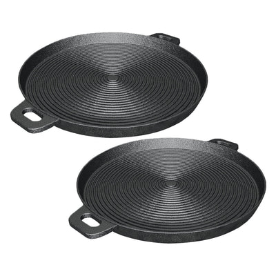 SOGA 2X 35cm Round Ribbed Cast Iron Frying Pan Skillet Steak Sizzle Platter with Handle Payday Deals