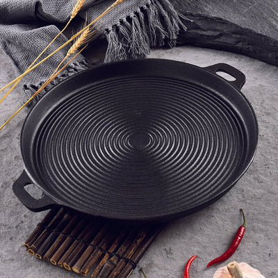 SOGA 2X 35cm Round Ribbed Cast Iron Frying Pan Skillet Steak Sizzle Platter with Handle Payday Deals