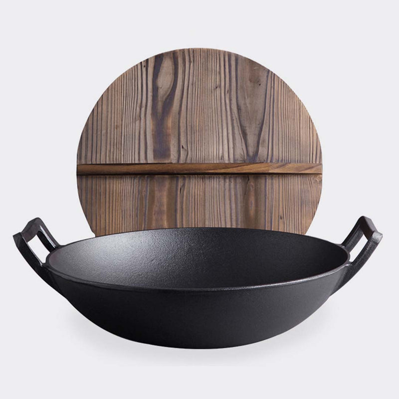 SOGA 2X 36CM Commercial Cast Iron Wok FryPan with Wooden Lid Fry Pan Payday Deals