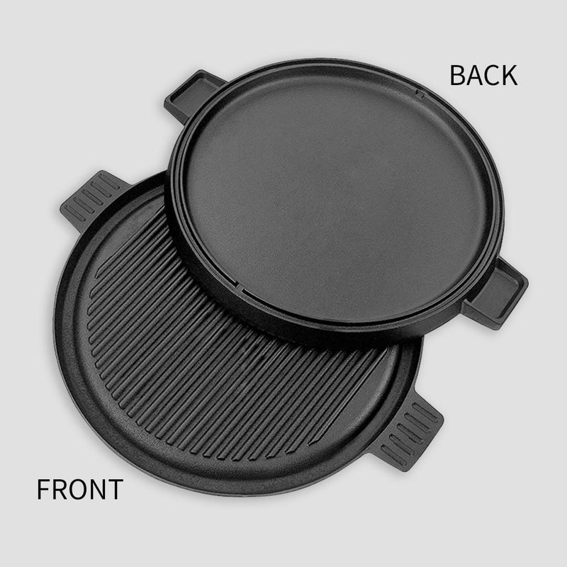 SOGA 2X 43cm Round Ribbed Cast Iron Frying Pan Skillet Steak Sizzle Platter with Handle Payday Deals