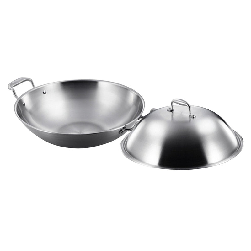 SOGA 3-Ply 38cm Stainless Steel Double Handle Wok Frying Fry Pan Skillet with Lid Payday Deals