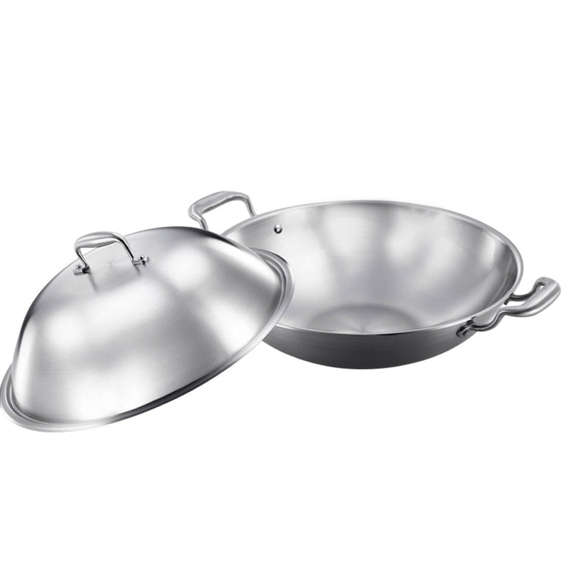 SOGA 3-Ply 42cm Stainless Steel Double Handle Wok Frying Fry Pan Skillet with Lid Payday Deals