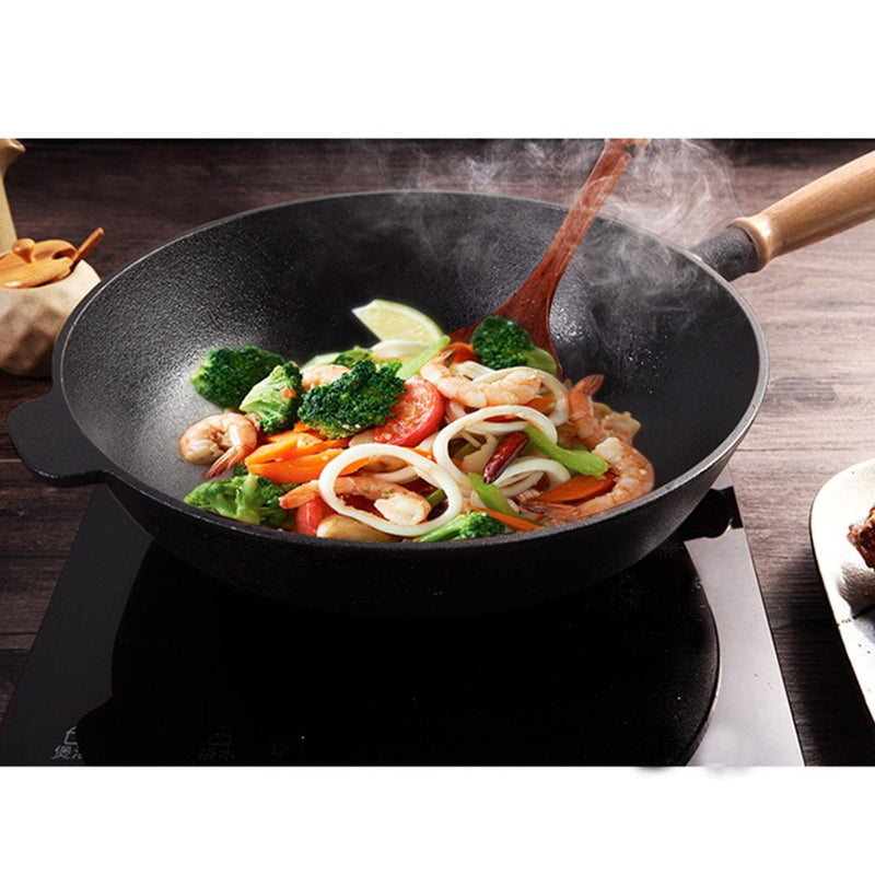SOGA 31cm Commercial Cast Iron Wok FryPan Fry Pan with Wooden Lid Payday Deals