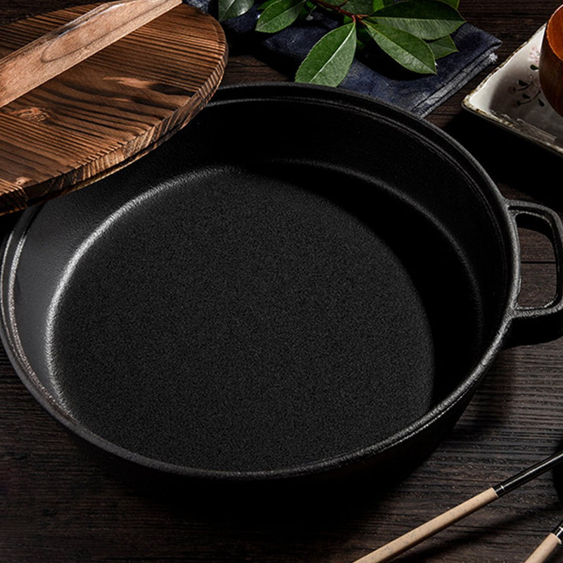 SOGA 31cm Round Cast Iron Pre-seasoned Deep Baking Pizza Frying Pan Skillet with Wooden Lid Payday Deals