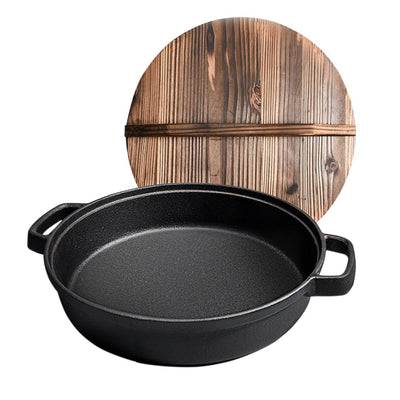 SOGA 33cm Round Cast Iron Pre-seasoned Deep Baking Pizza Frying Pan Skillet with Wooden Lid Payday Deals
