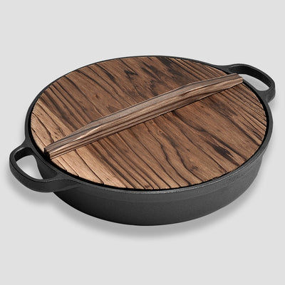 SOGA 33cm Round Cast Iron Pre-seasoned Deep Baking Pizza Frying Pan Skillet with Wooden Lid Payday Deals
