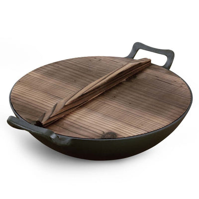 SOGA 36CM Commercial Cast Iron Wok FryPan with Wooden Lid Fry Pan Payday Deals