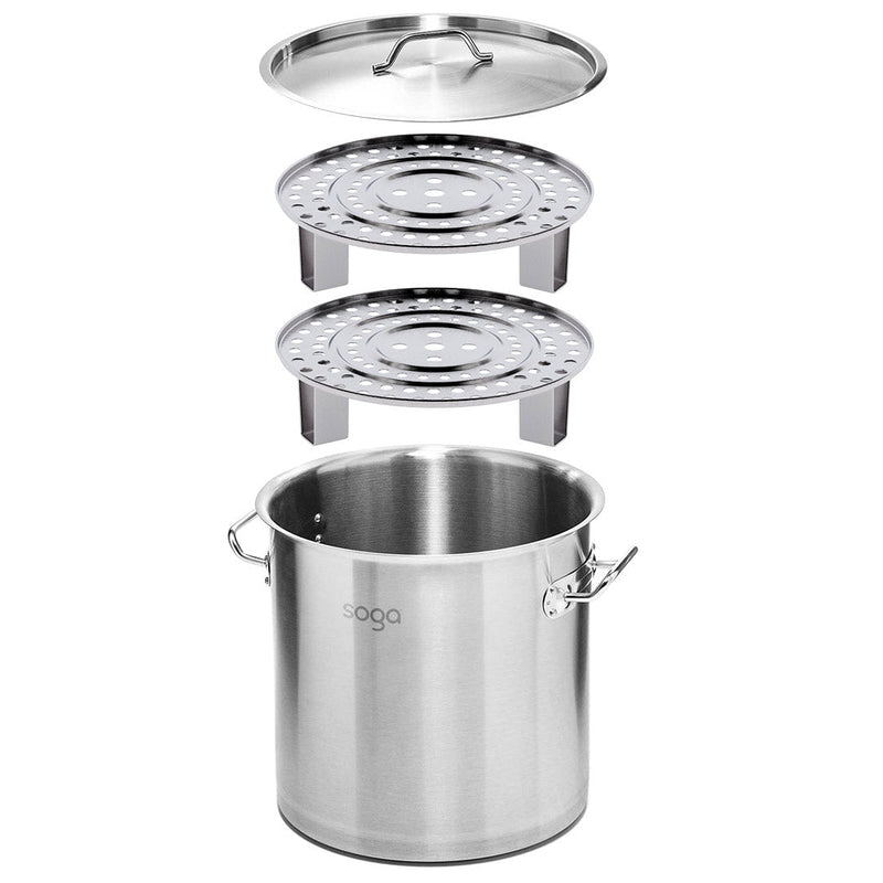 SOGA 50L Stainless Steel Stock Pot with Two Steamer Rack Insert Stockpot Tray Payday Deals