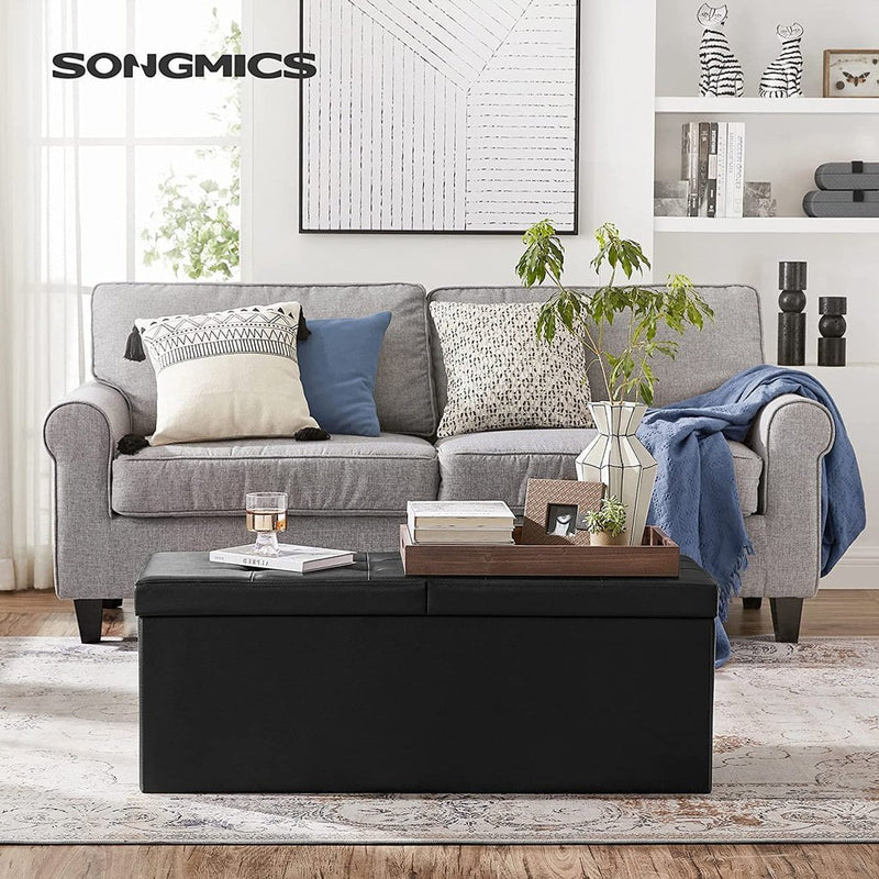 SONGMICS 110cm Folding Storage Ottoman Bench with Flipping Lid Footrest Black Payday Deals