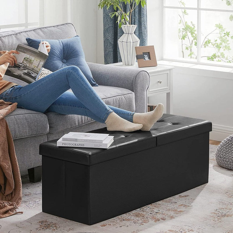 SONGMICS 110cm Folding Storage Ottoman Bench with Flipping Lid Footrest Black Payday Deals