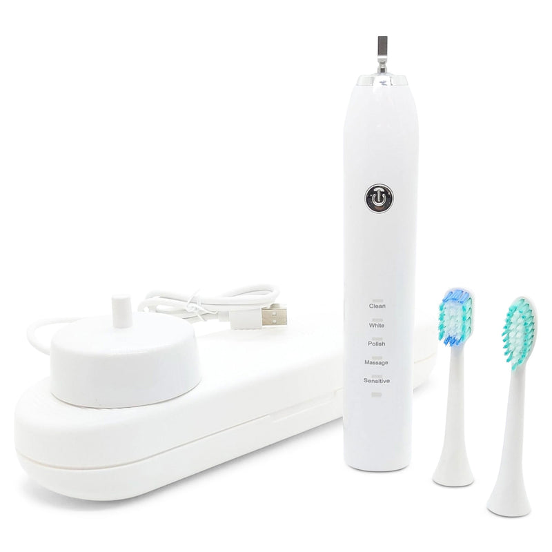 Sonic Electric Toothbrush White USB Wireless Charging Smart 5 Modes 2 Heads Case Payday Deals