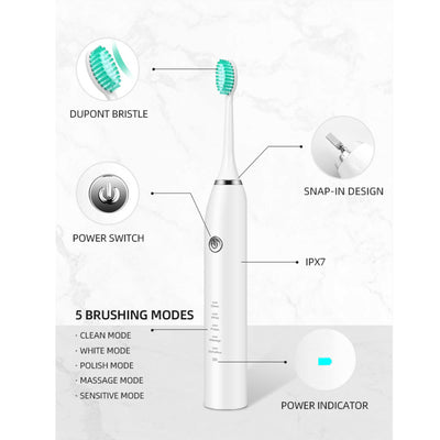 Sonic Electric Toothbrush White USB Wireless Charging Smart 5 Modes 2 Heads Case Payday Deals