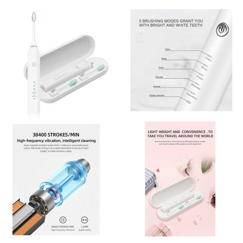 Sonic Electric Toothbrush White USB Wireless Charging Smart 5 Modes 2 Heads Case Payday Deals