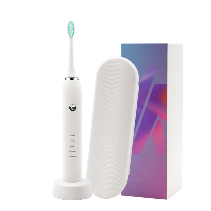 Sonic Electric Toothbrush White USB Wireless Charging Smart 5 Modes 2 Heads Case Payday Deals