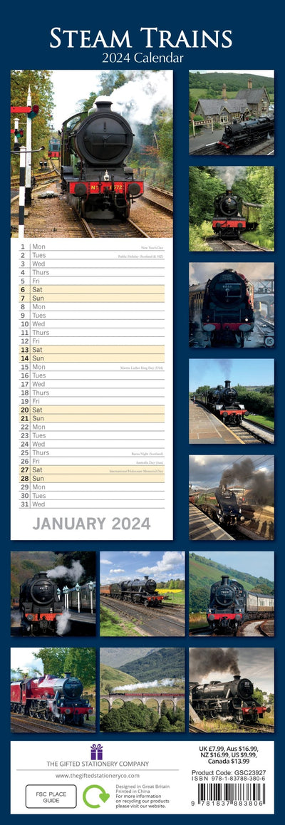 Steam Trains - 2024 Slimline Slim Wall Calendar Hanging Planner New Year Gift Payday Deals